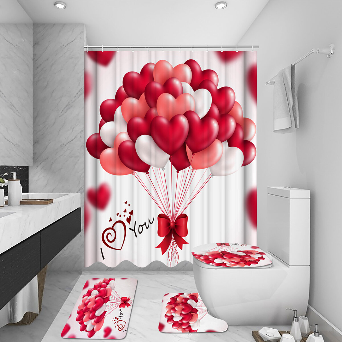 180x180CM Red Balloon Waterproof Shower Curtain 3-in-1 Anti-slip Odorless Dustproof Bath Mat Kit