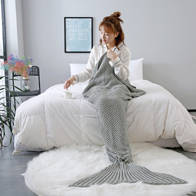 Knitted Handmade Mermaid Tail Blankets Yarn Crochet Mermaid Blanket Kids Throw Bed Wrap Super Soft Sleeping Bed