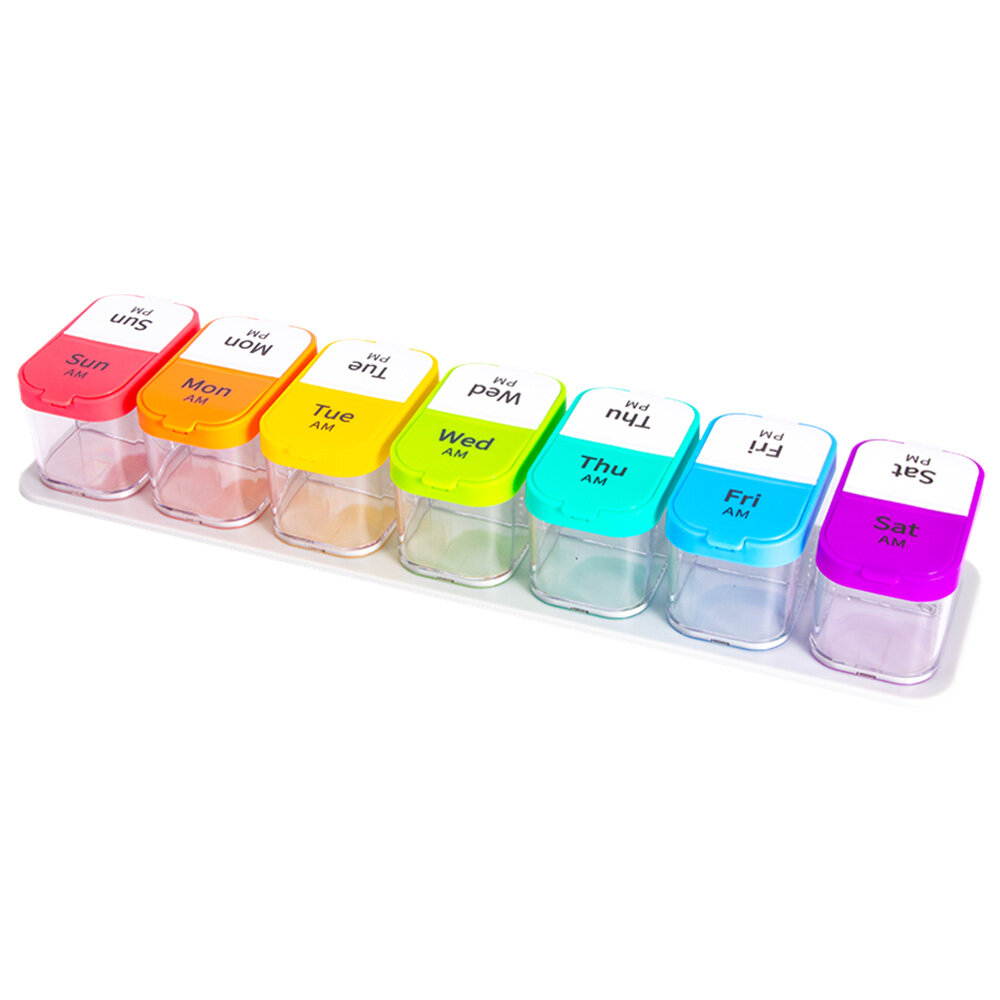 AIMO 14 Cells Weekly Pill Organizer Open Left and Right Friendly Travel 7 Day Pill Box Case 2 Times a Day Large Compartm