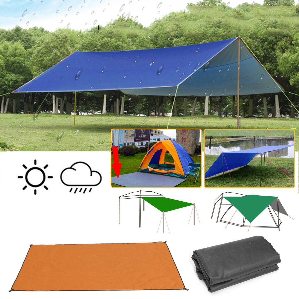300x300cm Outdoor Camping Tent Zonnescherm Regen Zon UV Strandluifel Luifel Onderdak Strand Picknick Mat Grond Pad Tent Zonnescherm