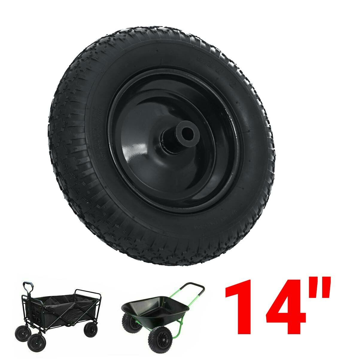 14 Inch Black Pneumatic Tire Wheelbarrow Wheel Trolley Cart Garden Solid Puncture Proof Wagon Tyre