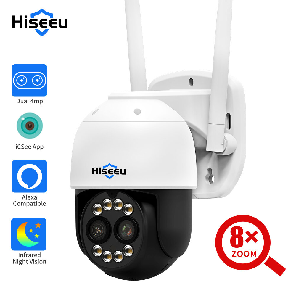 Hiseeu 4MP + 4MP 4K PTZ Wifi IP Camera Outdoor Beveiliging 8X Zoom Dual Lens CCTV Video Surveillance Camera ai Human Detect