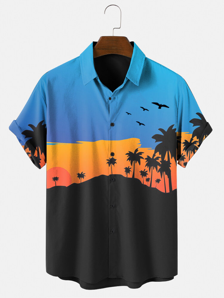 

Mens Tropical Landscape Print Vacation Short Sleeve Shirts