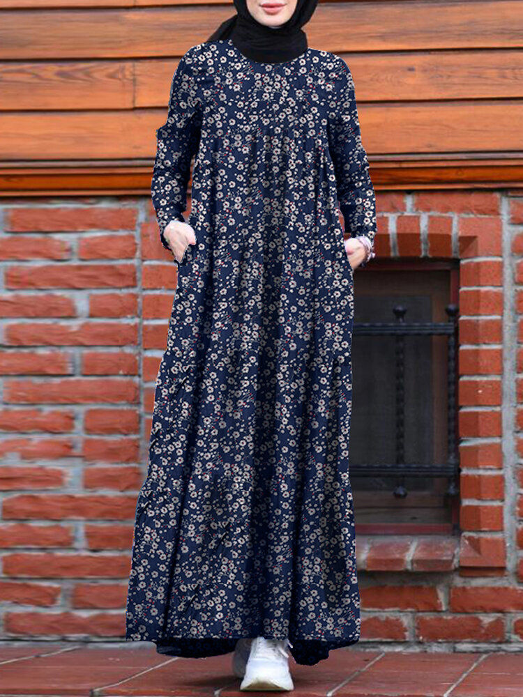 Women Floral Print Tiered Dress O-Neck Casual Maxi Dress With Side Pocket