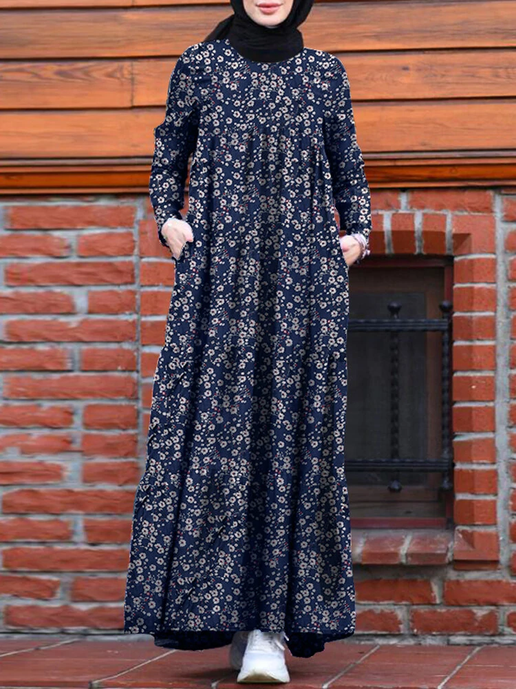 Women Floral Print Tiered Dress O Neck Casual Maxi Dress With Side Pocket