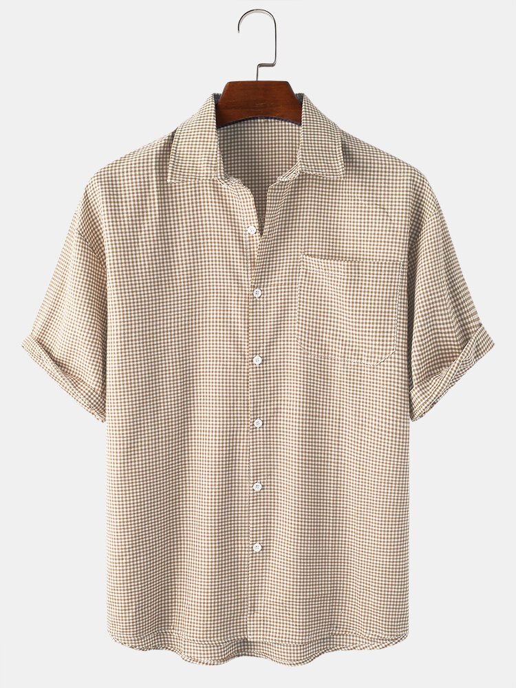 Heren geruite print borstzak met korte mouwen, eenvoudige katoenen shirts