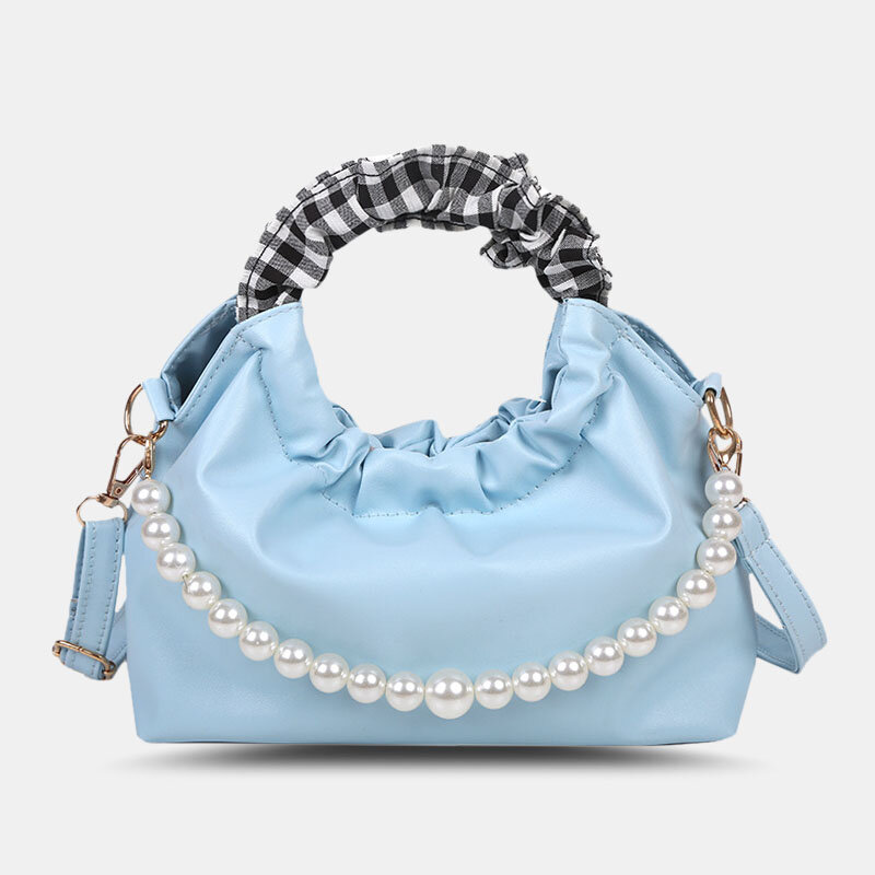 Women Pearls Chain Pleated Pocket Design Handbag Detachable Shoulder Strap Underarm Bag...