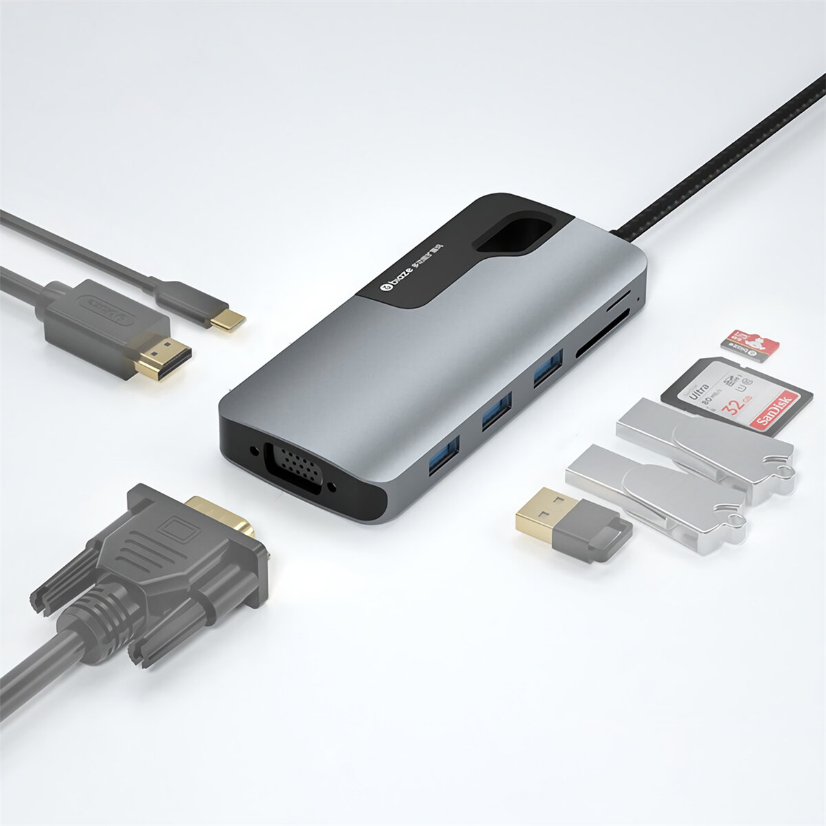 Biaze KZ10 8-in-1 Type-C Dockingstation USB-C naar HDMI-compatibele 4K VGA-converter USB3.0 Hub TF /