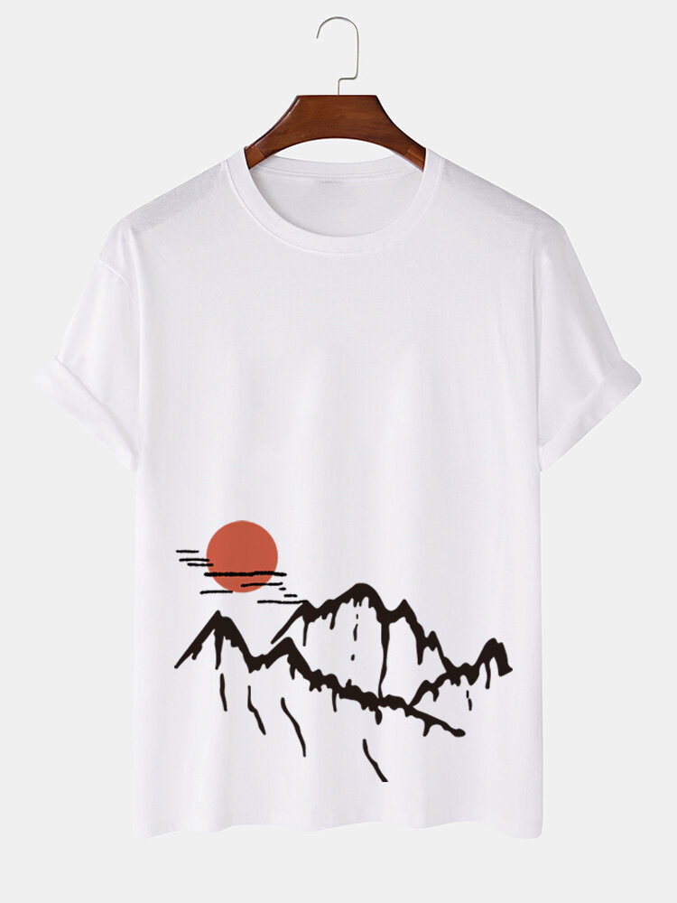 Mens Ukiyoe Landscape Print Cotton Short Sleeve T-Shirts