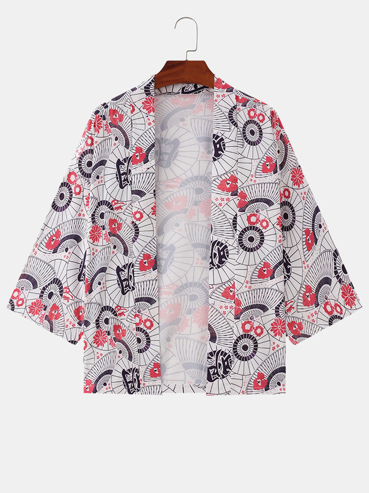 

Mnes Ethnic Style Japanese-style Print Three Quarter Length Sleeve Shirt