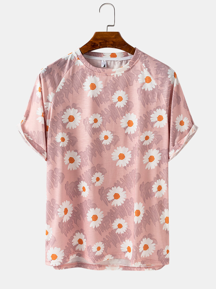

Daisy Floral Print Short Sleeve Crew Neck Casual T-Shirts For Men Women