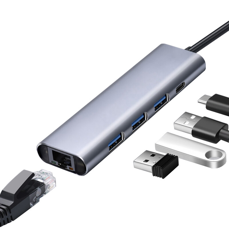 

Bakeey 5 In 1 USB-C Hub Docking Station Adapter With 3*USB 3.0 / 65W USB-C PD3.0 Power Delivery / RJ45 Network Port