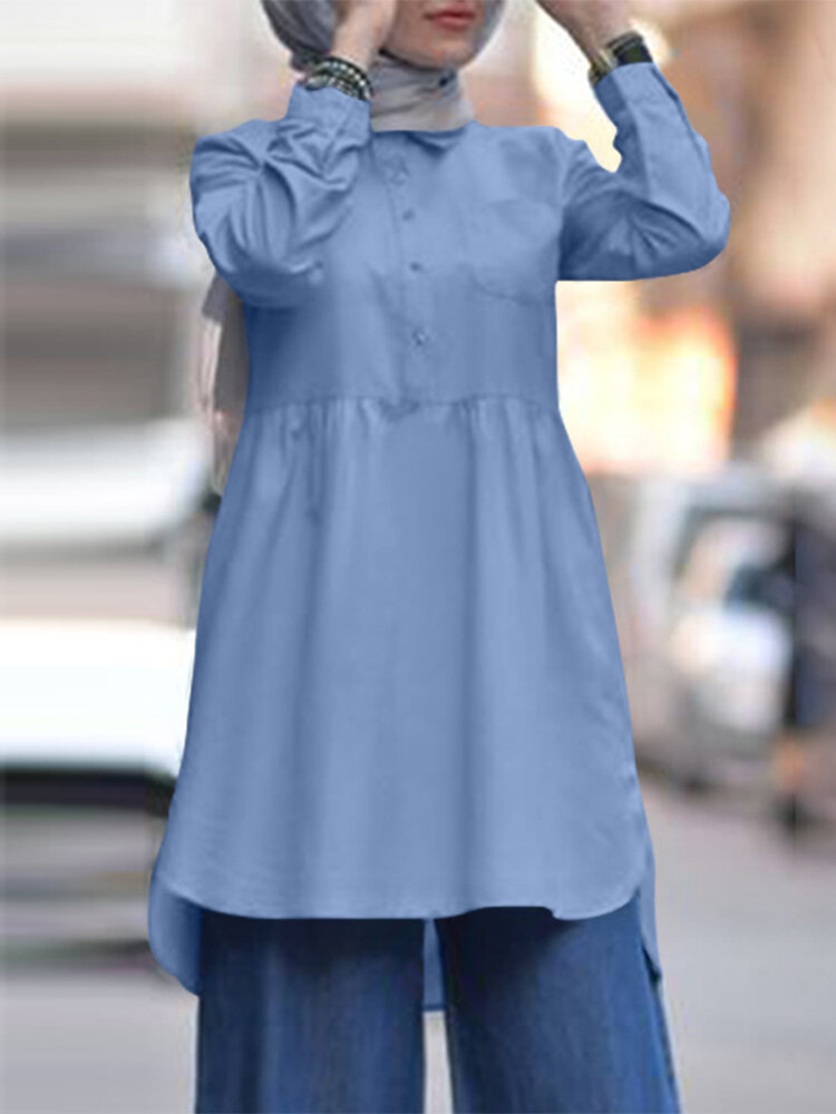Women Solid Color Side Split High Low Hem Casual Long Sleeve Button Blouse