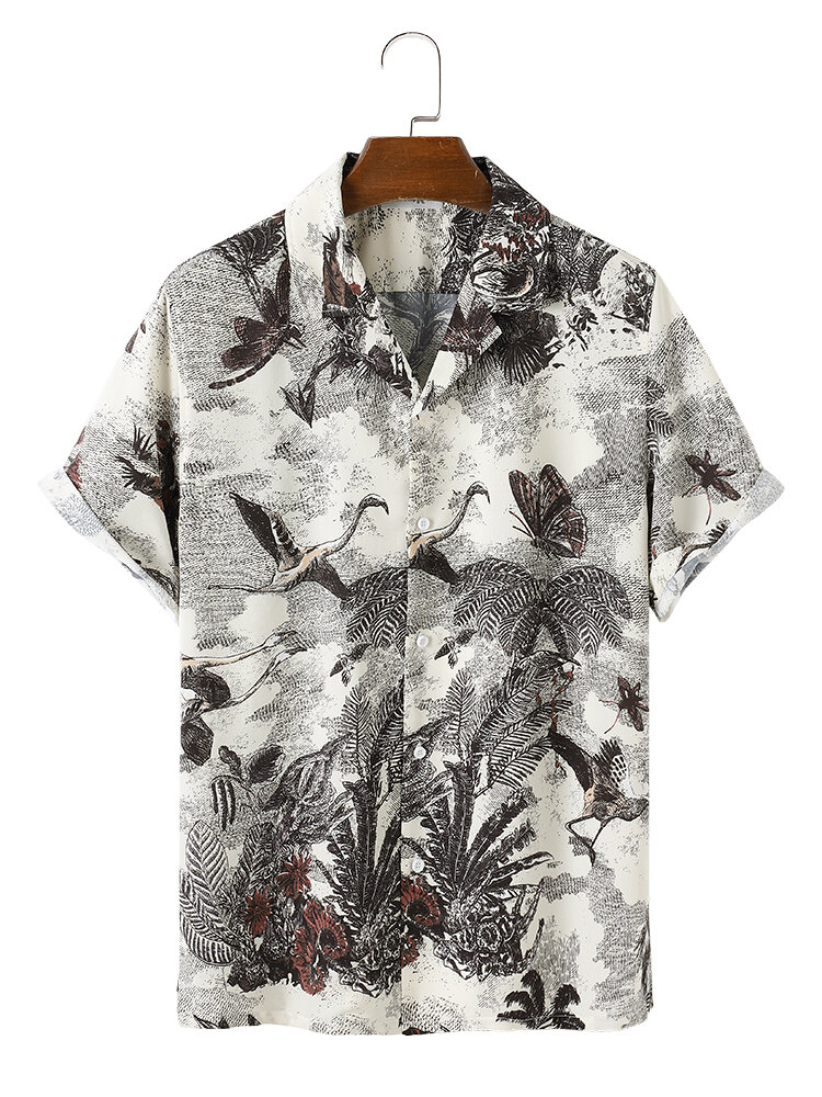 

Mens Causal Jungle Crane Print Short Sleeve Shirts
