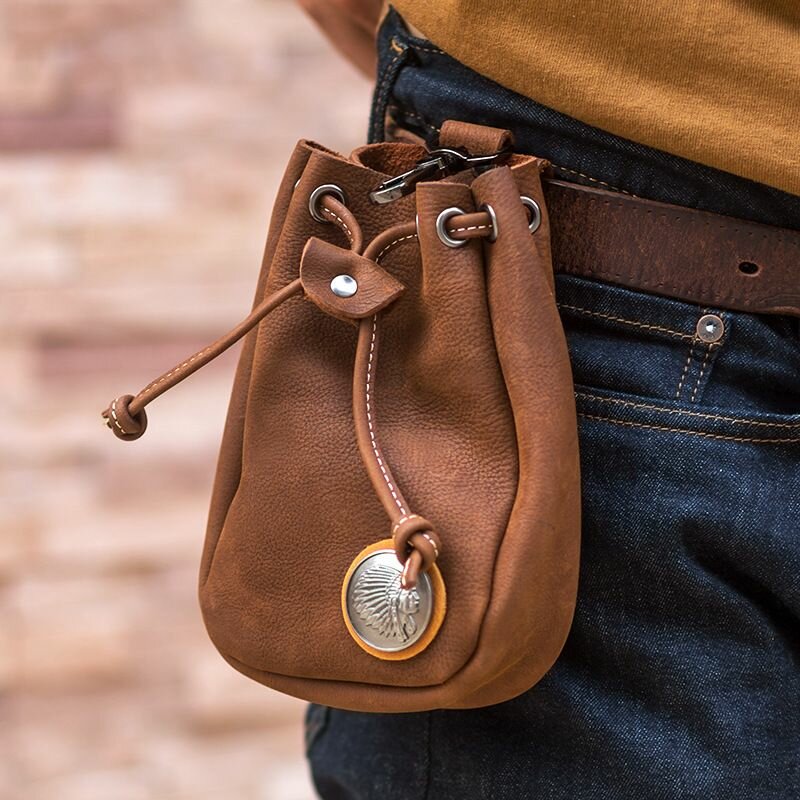 Men Genuine Leather Retro String Pocket Badge Decoration Waist Bag 6.3 Inch Phone Bag