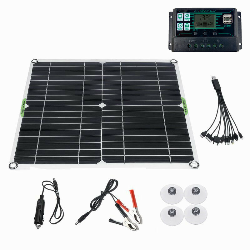 

50W 12V Solar Panel Kit Complete 10A 30A 60A 100A Controller Solar Power Bank Tablet Phone Battery Charger USB Type C QC