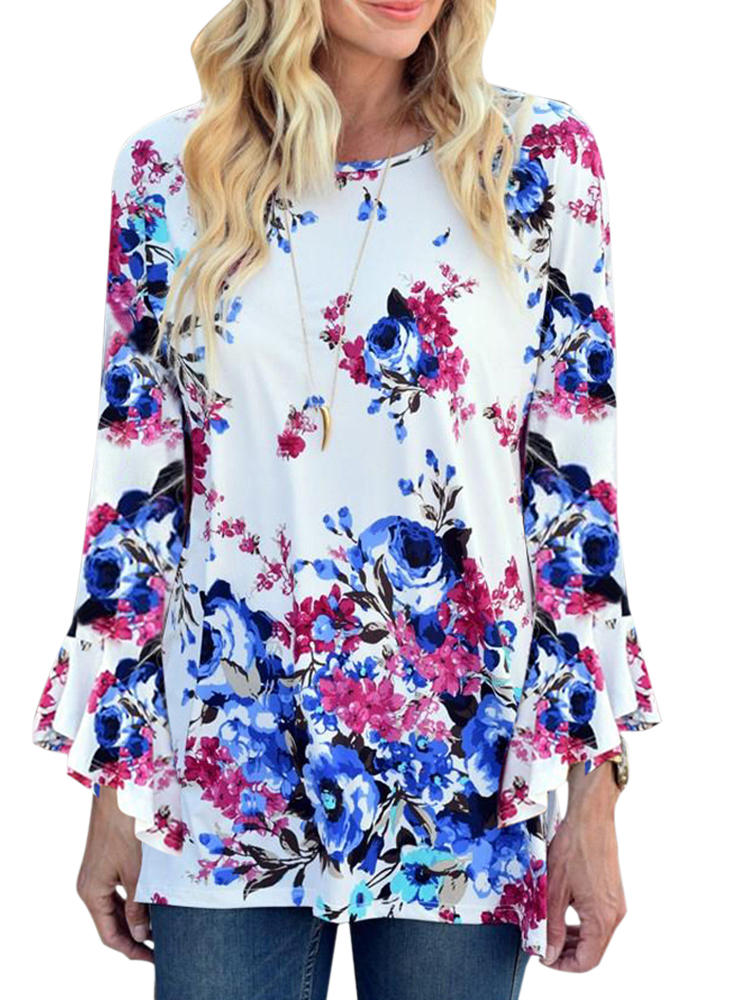 Women bell sleeve floral o-neck irregular t-shirt Sale - Banggood.com ...