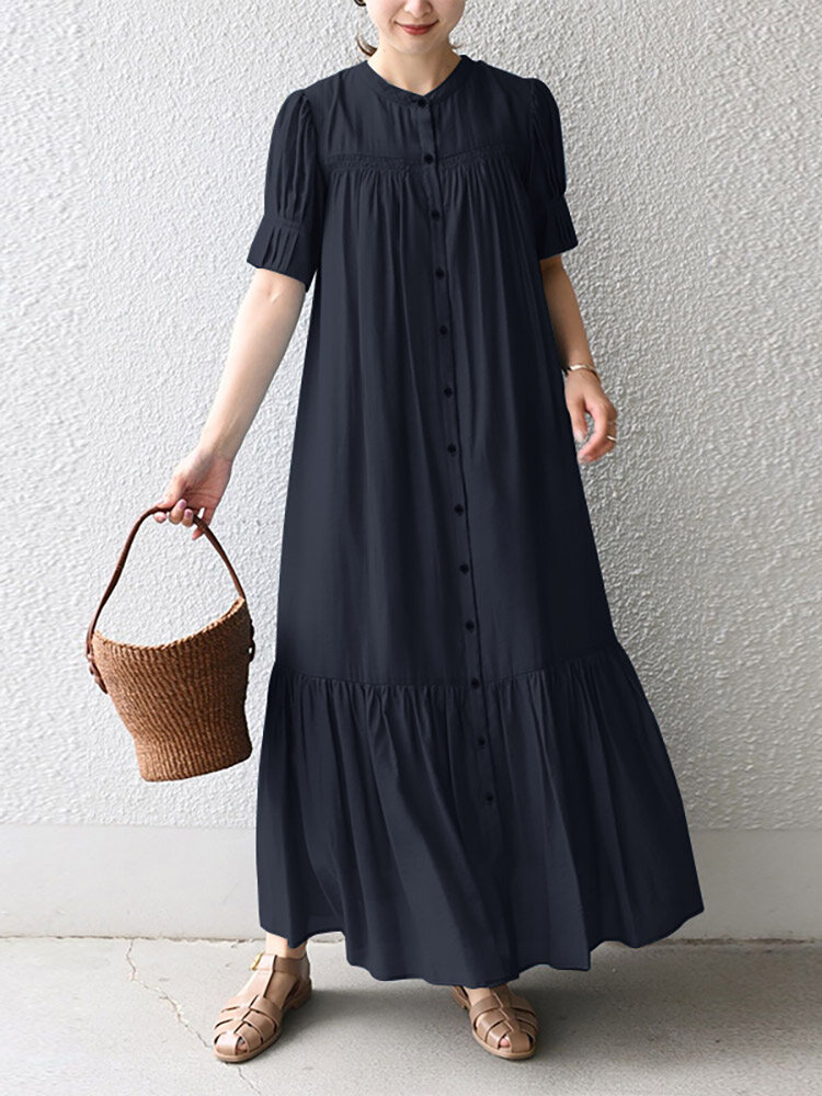 

Solid Button Front Ruched Short Sleeve Crew Neck Maxi Dress