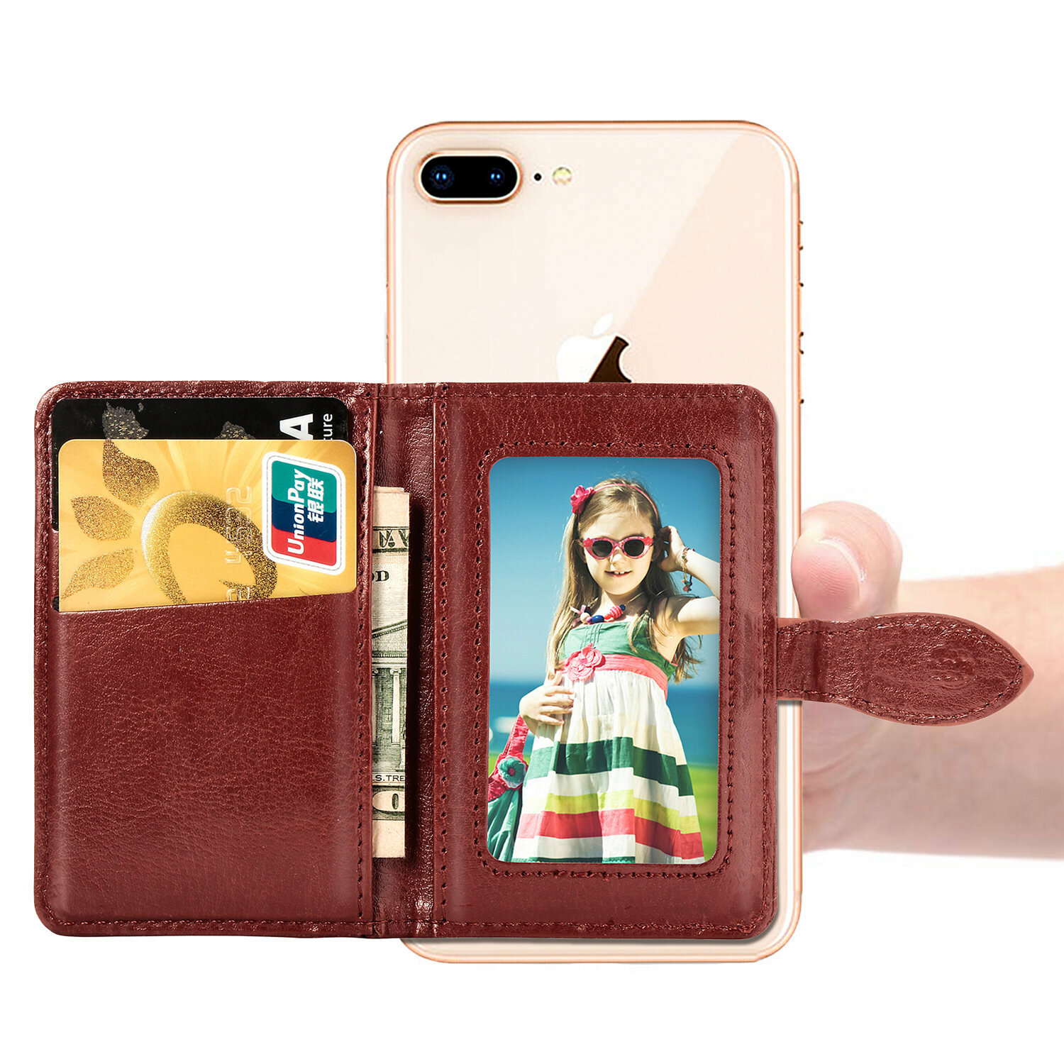 BEFOSPEY Stick On Phone Wallet Business 3M Adhesive Sticker Magnetic Flip PU Leather Credit Card Holder Sleeve Cellphone