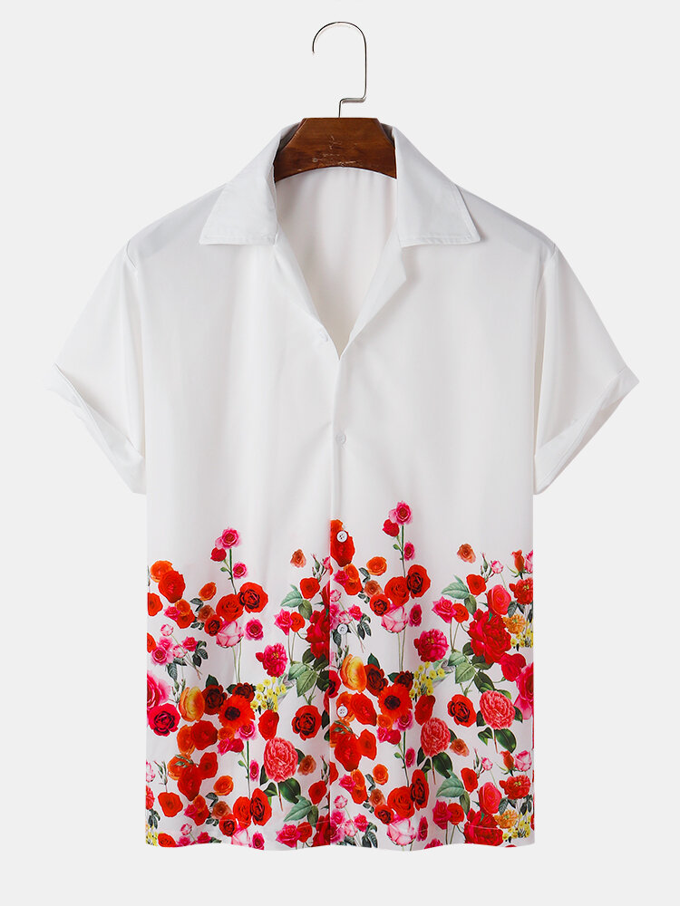 Mens Fashion Floral Print Revere Collar Holiday Short Sleeve Shirts