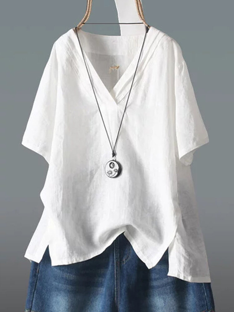 Short sleeve v-neck cotton split hem blouse Sale - Banggood.com