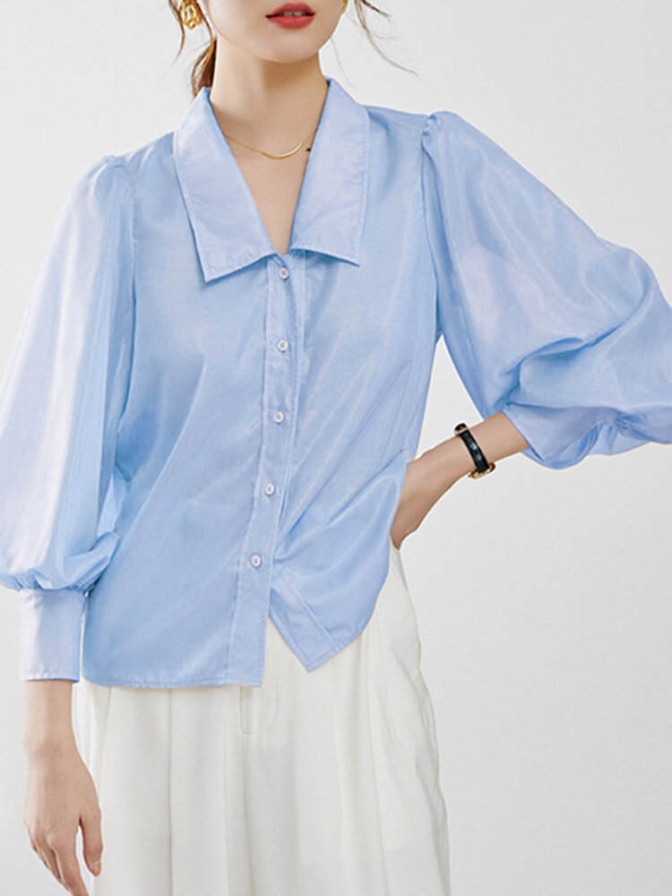 Dames Pure Color Button Up Revers Puff Sleeve Casual Shirts
