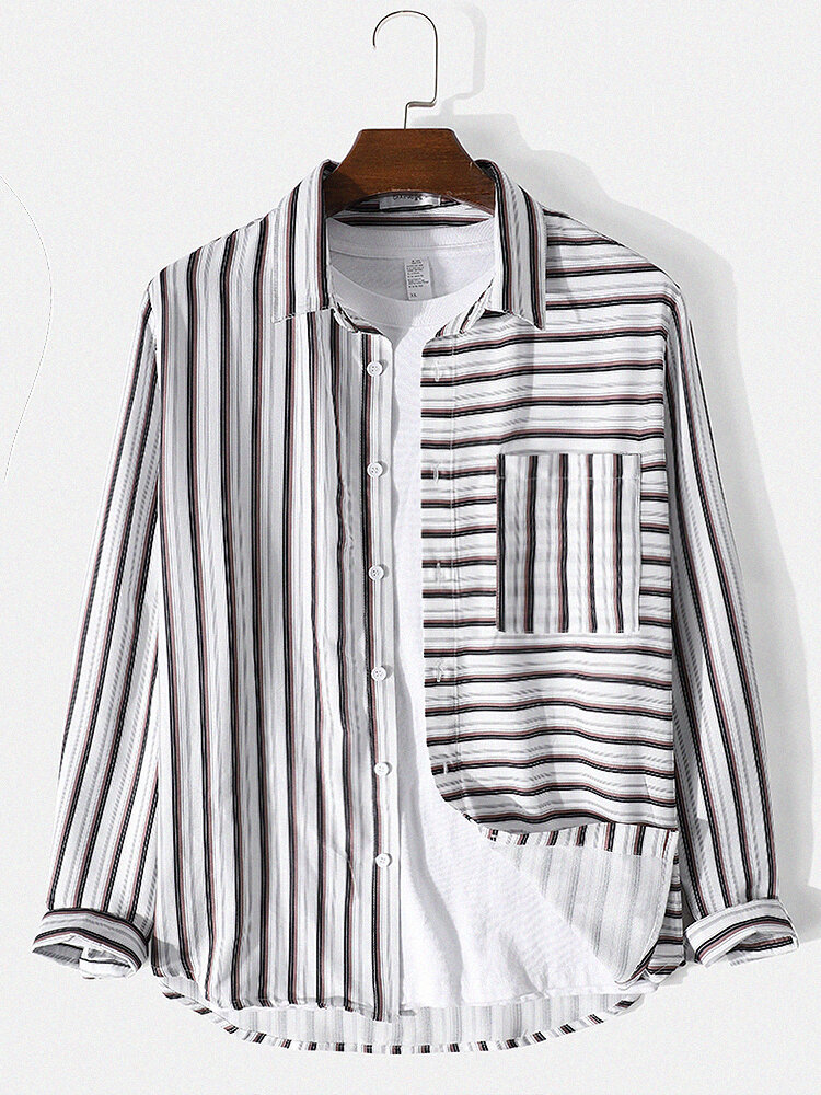 

Mens Striped Mix Print Chest Pocket Lapel Long Sleeve Shirt