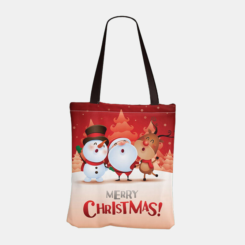 Women Canvas Festive Christmas Elk Santa Claus Print Pattern Daily Casual Handbag Shoulder Bag