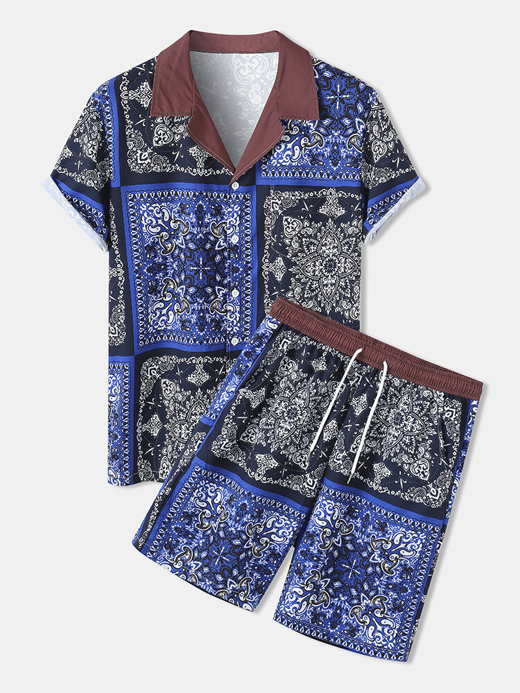 

Mens Baroque Print Colorblock Revere Collar Two Piece Outfits