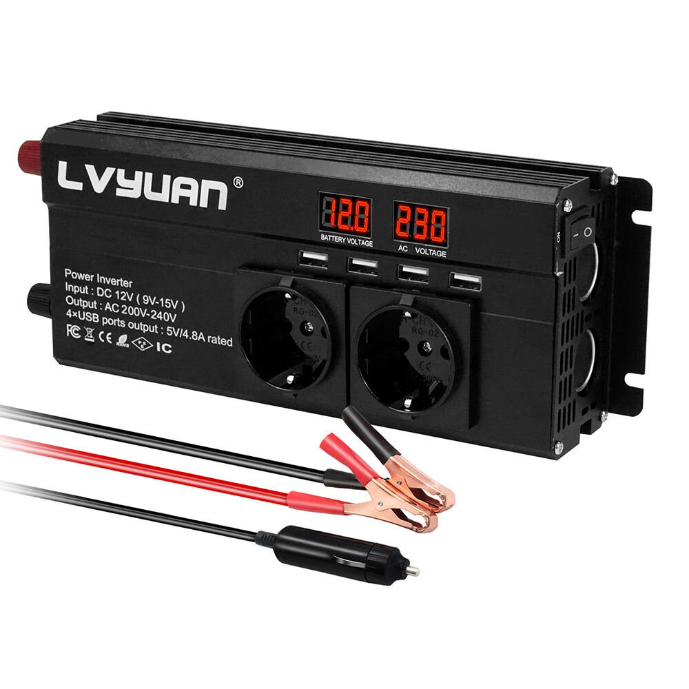 [EU Direct] Lvyuan DC12V To 230V 50Hz 60Hz 1000W Continuous/2000W Peak Power EU Socket LED Display Modified Sine Wave Wi
