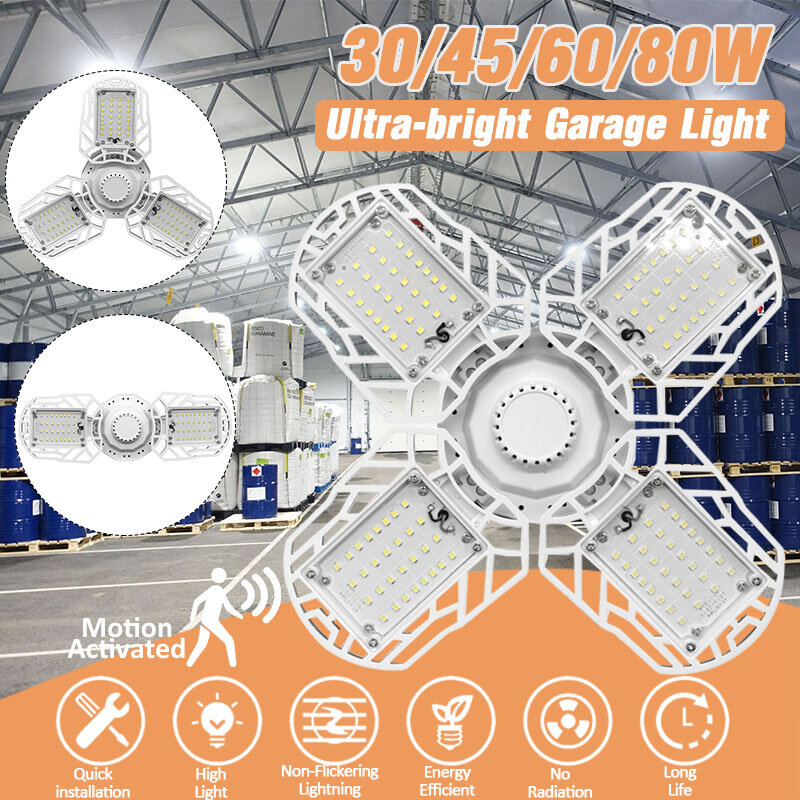 30W / 45W / 60W / 80W E27 Radarsensor LED Garage Gloeilamp Vervormbaar Plafondarmatuur Workshoplamp 