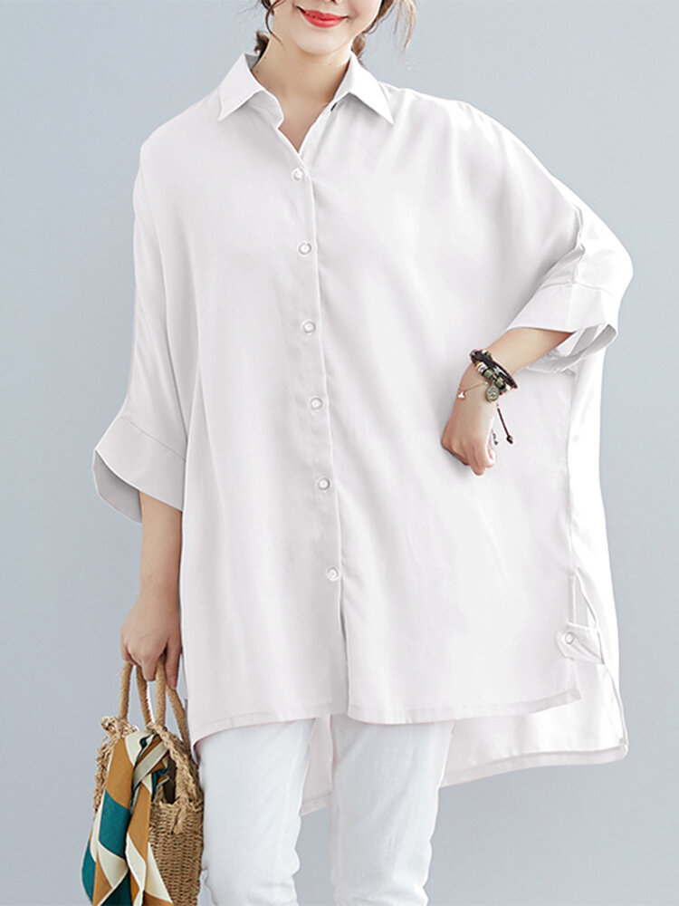 Dames Solid Button High-Low Zoom Batwing Sleeve Reverskraag Shirt