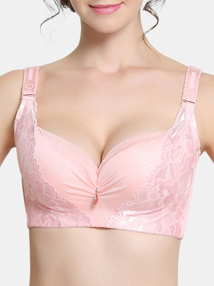 Women Solid Color Lace Push Up Gather Bra