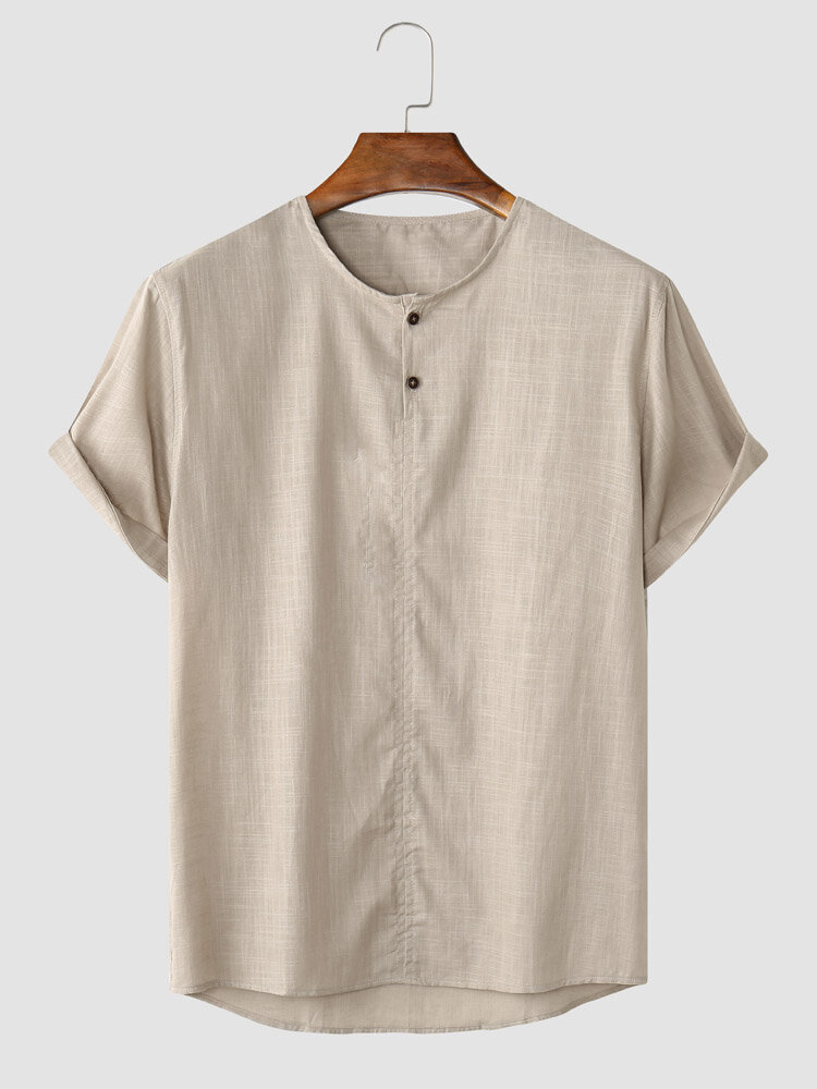 Men Plain Color Button Hem Cuff Casual Short Sleeve Street Shirts