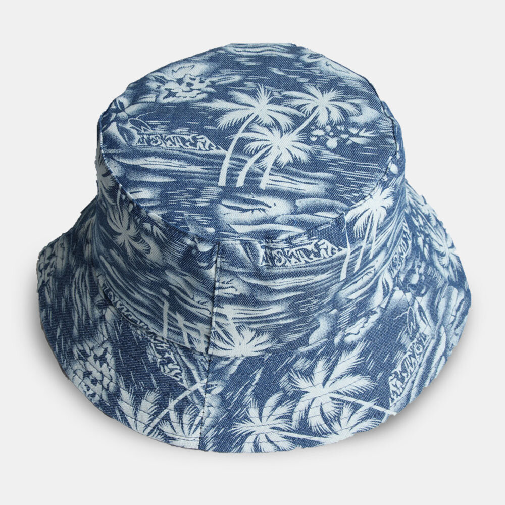 

Unisex Cotton Double-sided Overlay Coconut Tree Pattern Outdoor Sunshade Bucket Hat