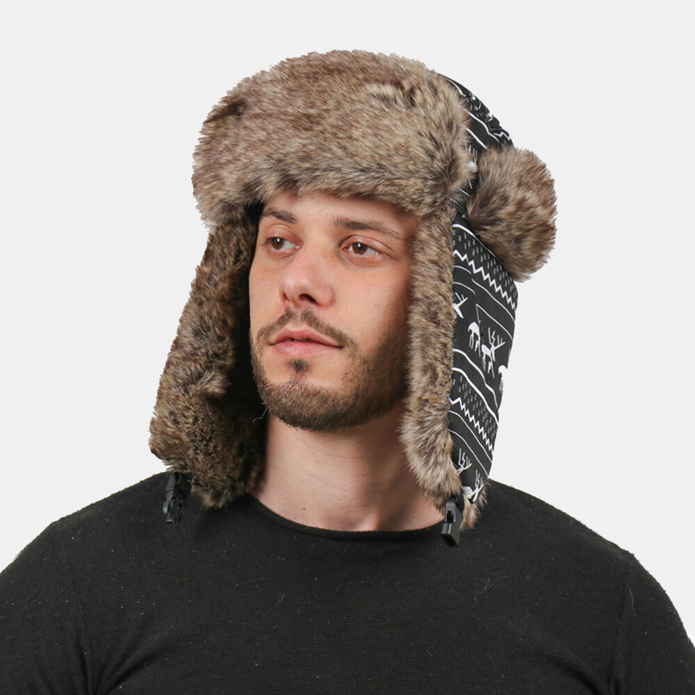 Men Stick Figure Sheep Pattern Thicken Warm Trapper Hat Outdoor Windproof Ear Protection Christmas Hat Ushanka Hat Russian Hat