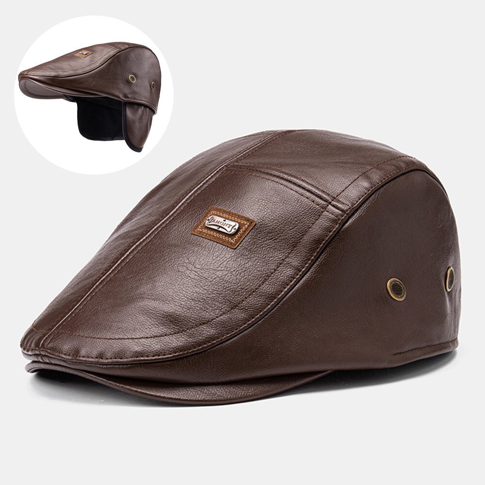 Collrown Men Faux Leather Retro Casual Earflaps Windproof Duckbill Warm Forward Hat Beret Hat
