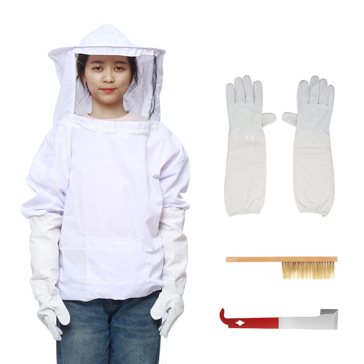 

4Pcs Safe Bee-Proof BeeKeeping Veil Hat Suit Work Gloves Bee Hive Brush J Hook Tool