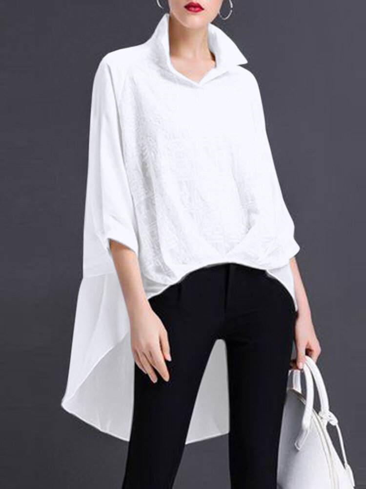 Solid A-line High-low Hem Long Sleeve Blouse