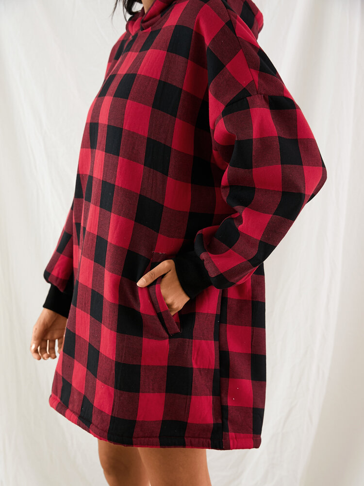 

Women Classic Plaid Thicken Blanket Hoodie Long Sleeve Pocket Oversized Cozy Teddy Lined Home Casual Robe