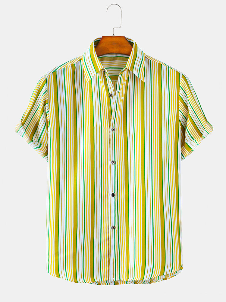 

Mens Vertical Stripes Holiday Style Lapel Collar Short Sleeve Shirts