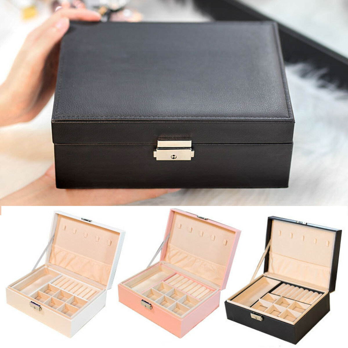 2-Layer Large Capacity PU Leather Watch Box Jewellery Display Collection Storage Box with Key