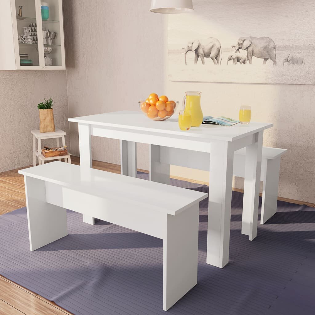 Dining table and benches 3 pc chipboard white