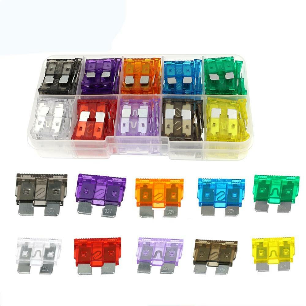 100Pcs 10 Kinds of Profile Small Size Blade Type Car Fuse Assortment Set Auto Car Truck 2A 35A Fuse with Box Clip