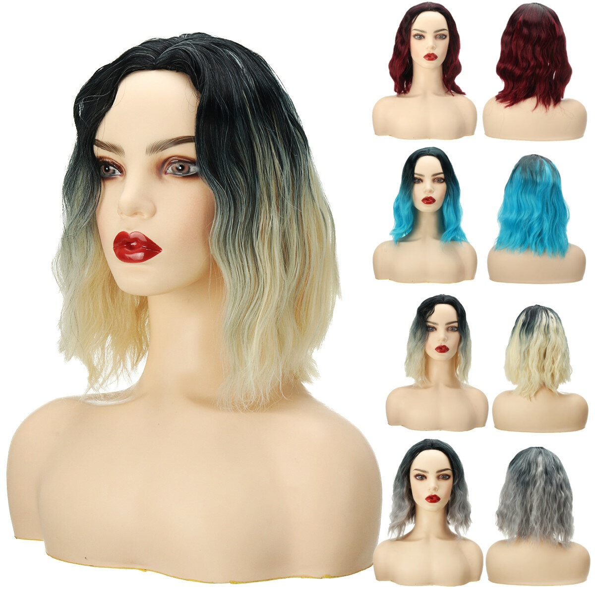 

AISI QUEENS Water Wave Short Synthetic Wigs for Women Ombre Black and Orange Cosplay Bob Wig Blue Red Grey Blonde Pink W