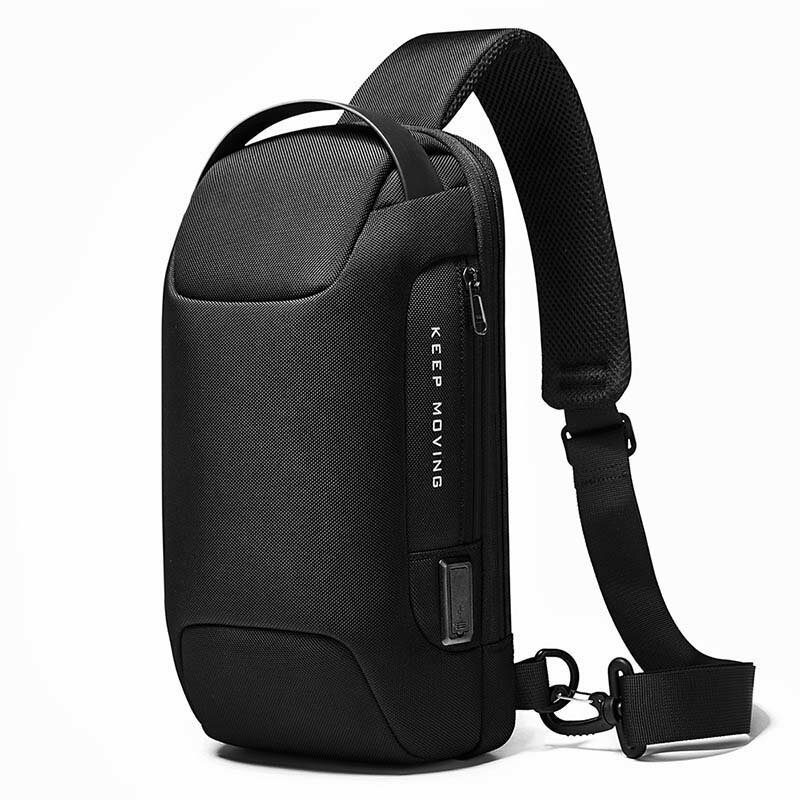 Bolsa de peito de tecido Oxford BANGE BG-22085 com porta de carregamento externo USB, à prova d'água e com zíper antifurto respirável para acampar e viajar.