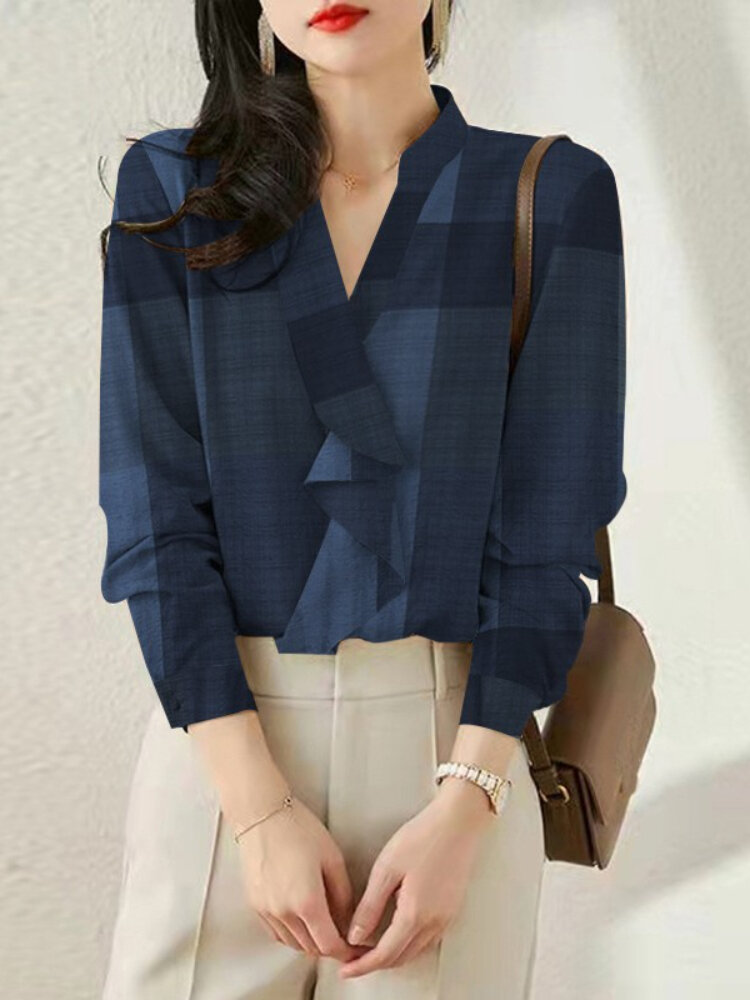 Plaid Print Long Sleeve Stand Collar Blouse For Women