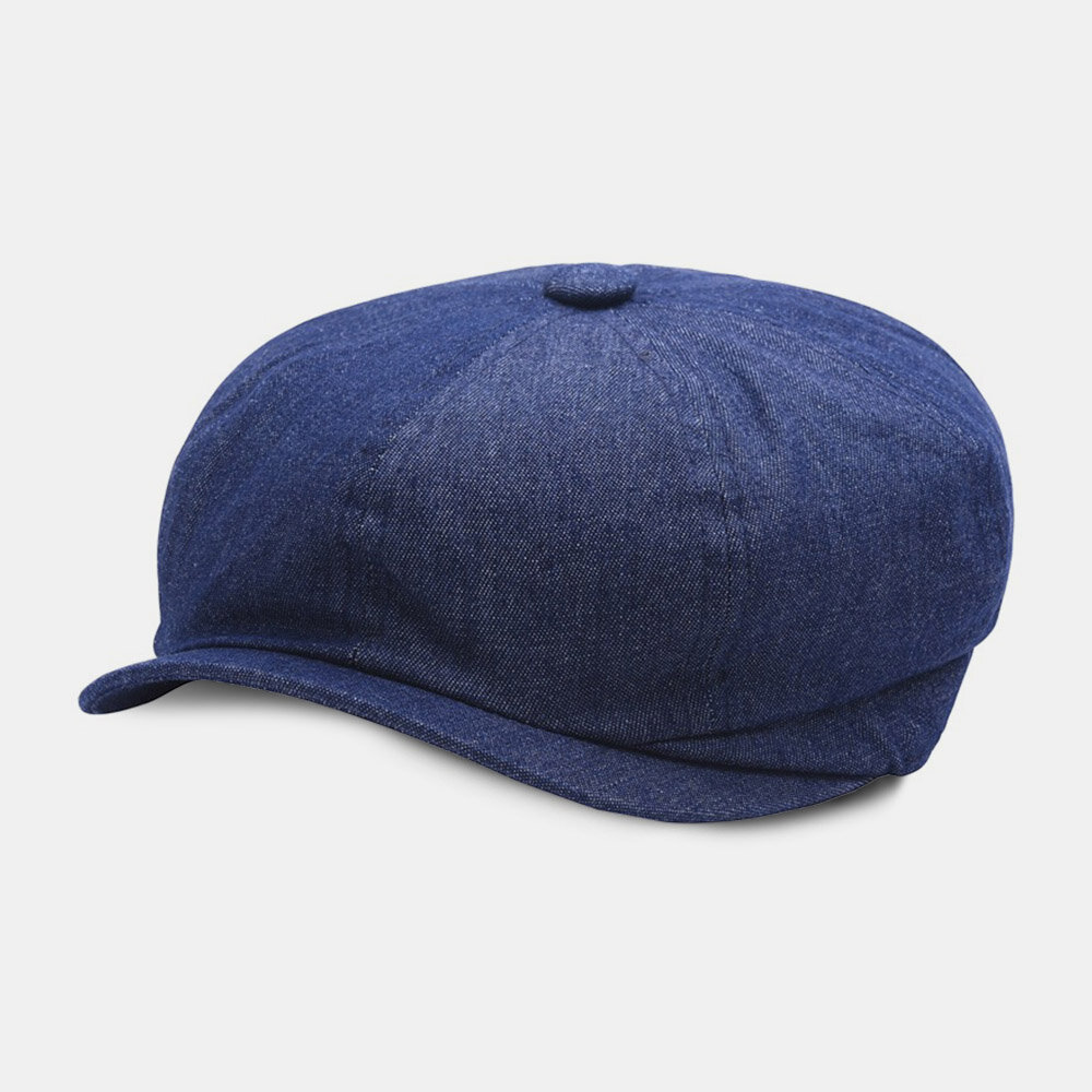 Men Denim Patchwork Beret Cap Casual Retro Elastic Band Octagonal Hat Flat Hat Painter Newsboy Cap