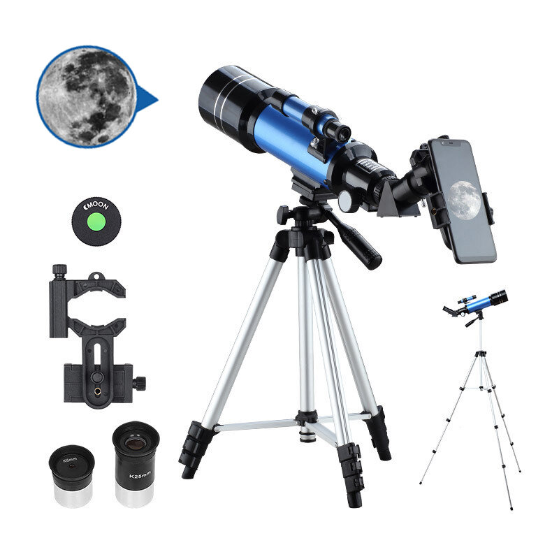 Telescópio astronômico AOMEKIE 40070 66X HD, telescópio refrator de 70 mm com ocular eretor, lente Barlow 3X, buscador e tripé com adaptador para telefone
