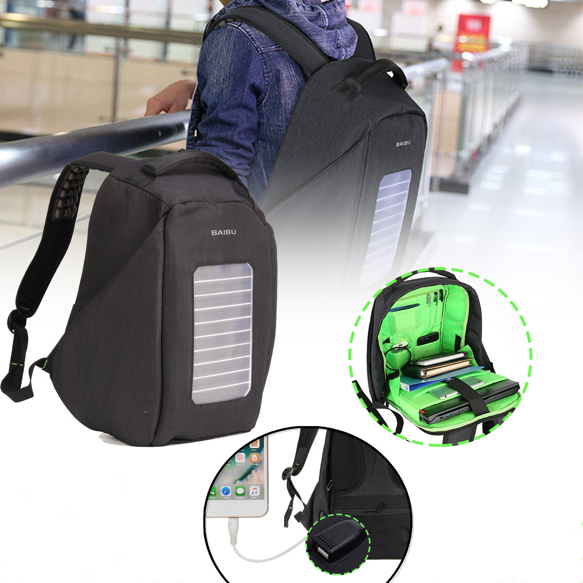 16 inç Su Geçirmez Güneş Paneli Sırt Çantası Laptop USB Şarj Cihazı Açık Seyahat Kamp Çantaları